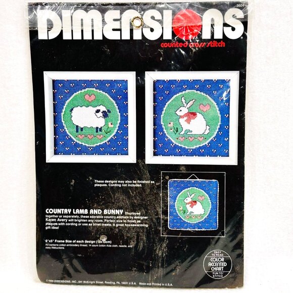 Vintage Dimensions Cross Stitch Kit Country Lamb & Bunny (1986) - New/Sealed - Picture 1 of 7
